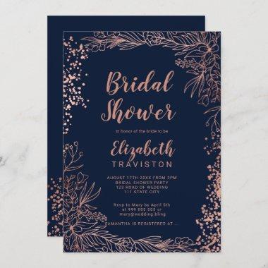 Rose gold floral confetti navy blue bridal shower Invitations