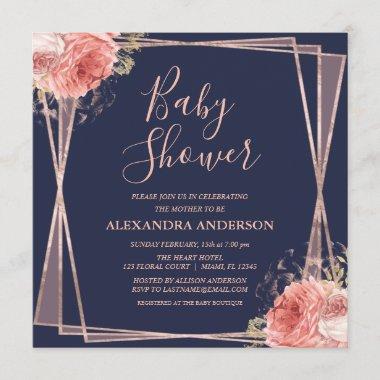 Rose Gold Floral Elegant Modern Baby Shower Invitations