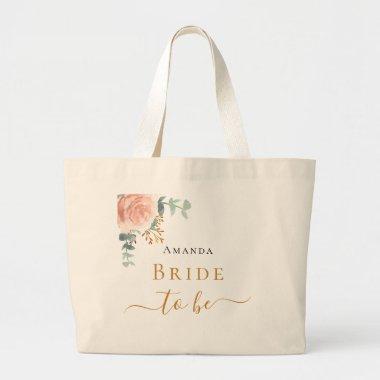 Rose gold floral eucalyptus greenery Bride to be Large Tote Bag