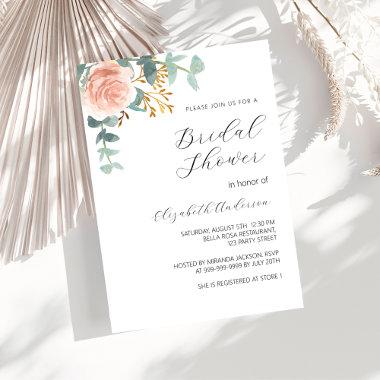 Rose gold floral greenery script Bridal Shower Invitations