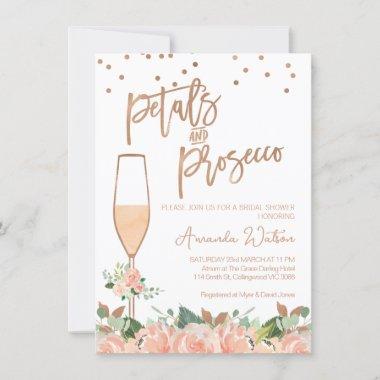 Rose Gold Floral Petals Prosecco Bridal Shower Invitations