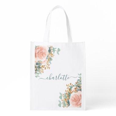 Rose gold florals eucalyptus monogram bridesmaid grocery bag