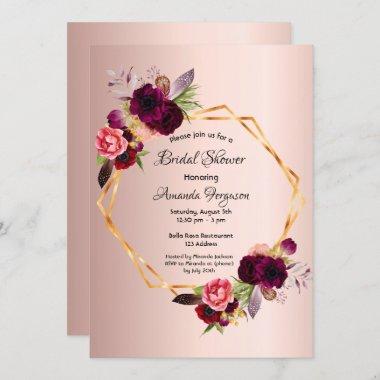Rose gold florals geometric burgundy bridal shower Invitations