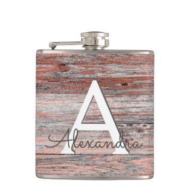 Rose Gold Foil and Rustic Wood Monogram & Initial Hip Flask