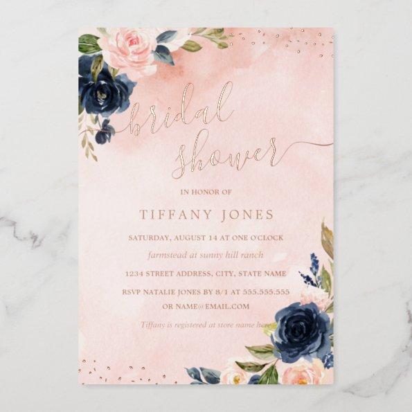 ROSE GOLD FOIL Blush Navy Floral Bridal Shower Foil Invitations