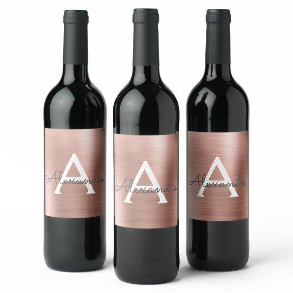 Rose Gold Foil Metallic Metal Monogram Wine Label