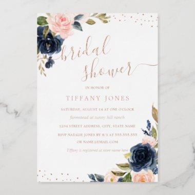 ROSE GOLD FOIL Navy Blush Floral Bridal Shower Foil Invitations