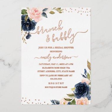 ROSE GOLD FOIL Navy Blush Floral Brunch And Bubbly Foil