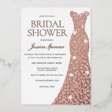 Rose Gold Foil Pressed Dress Gown Bridal Shower Foil Invitations