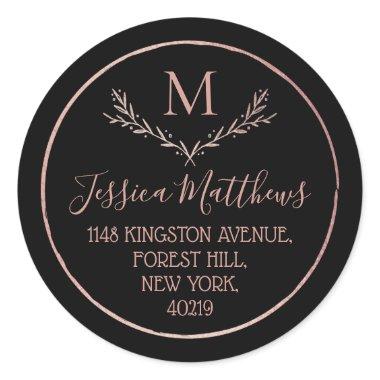 Rose Gold Foil Wreath Monogram Return Address Classic Round Sticker