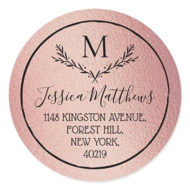 Rose Gold Foil Wreath Monogram Return Address Classic Round Sticker