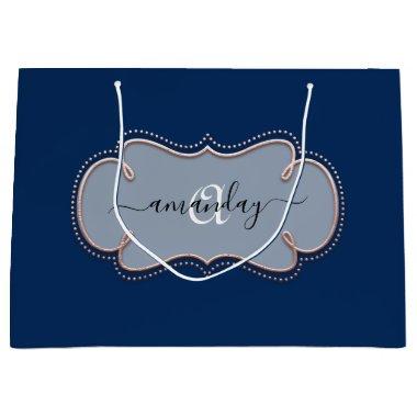 Rose Gold Framed Royal Monogram Name Navy Large Gift Bag
