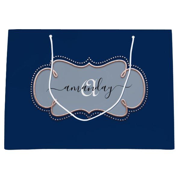 Rose Gold Framed Royal Monogram Name Navy Large Gift Bag