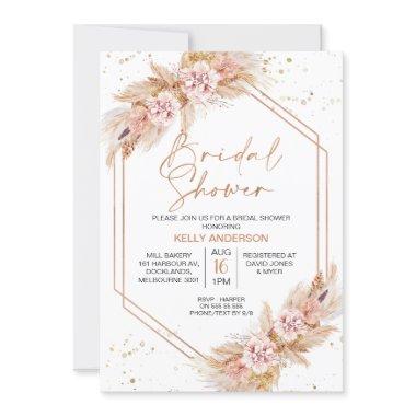 Rose Gold Geometric Boho Pampas Bridal Shower Invitations