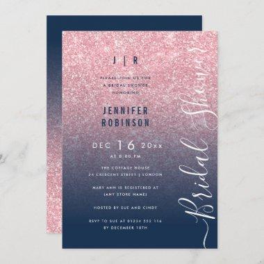 Rose Gold Glam Glitter Script Bridal Shower Navy Invitations