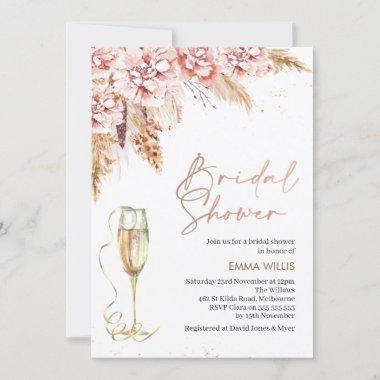 Rose Gold Glass Floral Pampas Grass Bridal Shower Invitations