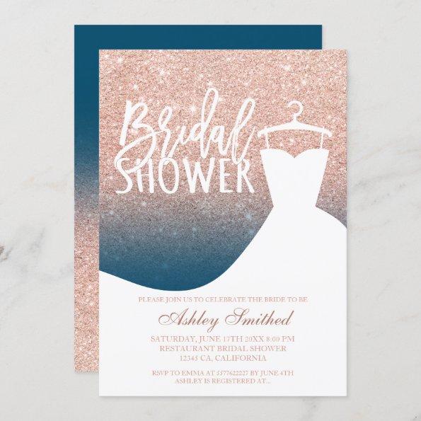 Rose gold glitter blue chic dress Bridal shower Invitations