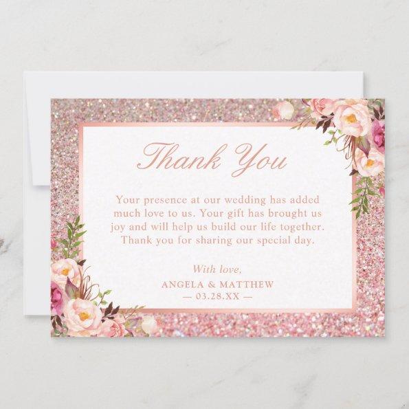 Rose Gold Glitter Blush Pink Floral Thank You