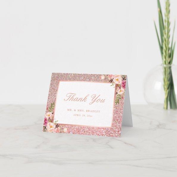 Rose Gold Glitter Blush Pink Floral Thank You