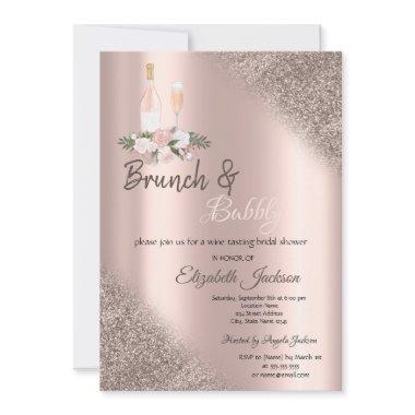 Rose Gold Glitter Bokeh Brunch & Bubbly Invitations