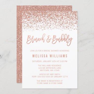 Rose Gold Glitter Brunch and Bubbly Bridal Shower Invitations