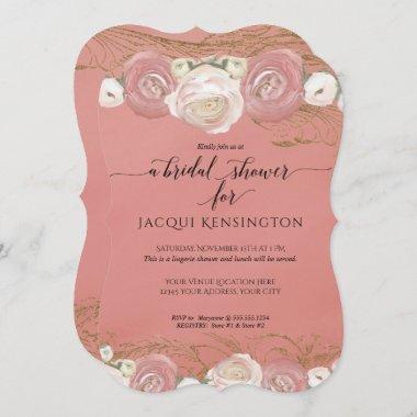 Rose Gold Glitter Coral Pink Floral Bridal Shower Invitations