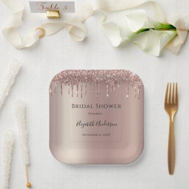 Rose Gold Glitter Drip Glam Trendy  Paper Plates