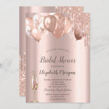 Rose Gold Glitter Drips Balloons Bridal Shower Invitations
