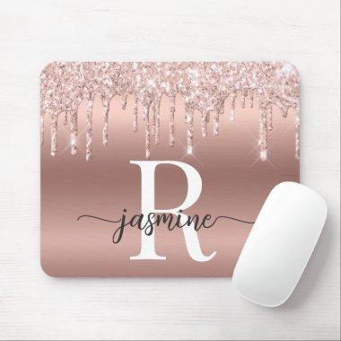 Rose Gold Glitter Drips Metal Girly Monogram Name Mouse Pad