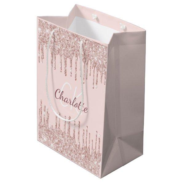 Rose gold glitter drips monogram luxury medium gift bag