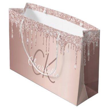Rose gold glitter drips monogram script elegant large gift bag