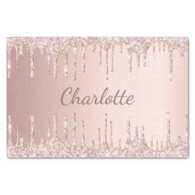 Rose gold glitter drips pink girly monogram tissue paper