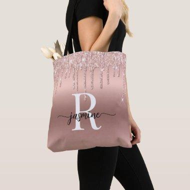 Rose Gold Glitter Drips Pink Metal Girly Monogram Tote Bag