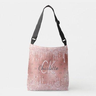 Rose gold glitter drips pink monogram elegant crossbody bag