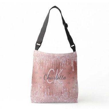 Rose gold glitter drips pink monogram elegant crossbody bag