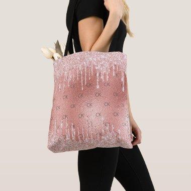 Rose gold glitter drips pink monogram elegant tote bag