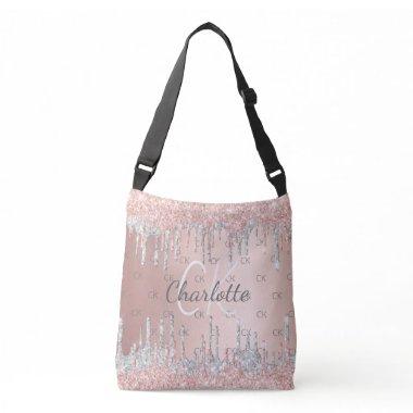 Rose gold glitter drips silver monogram elegant crossbody bag