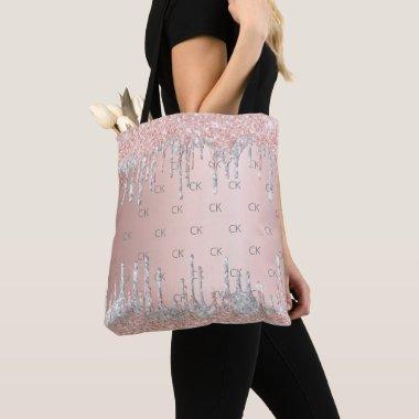 Rose gold glitter drips silver monogram elegant tote bag