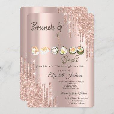 Rose Gold Glitter Drips Sushi Bridal Shower Invitations