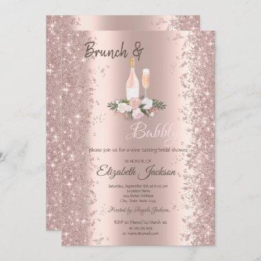 Rose Gold Glitter Dust Brunch Roses Bridal Shower Invitations