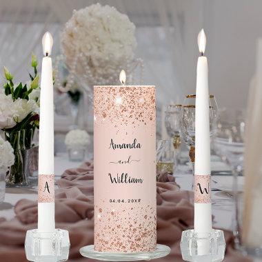 Rose gold glitter dust metal names wedding unity candle set
