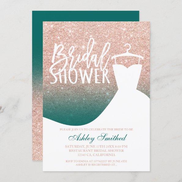 Rose gold glitter emerald chic dress Bridal shower Invitations