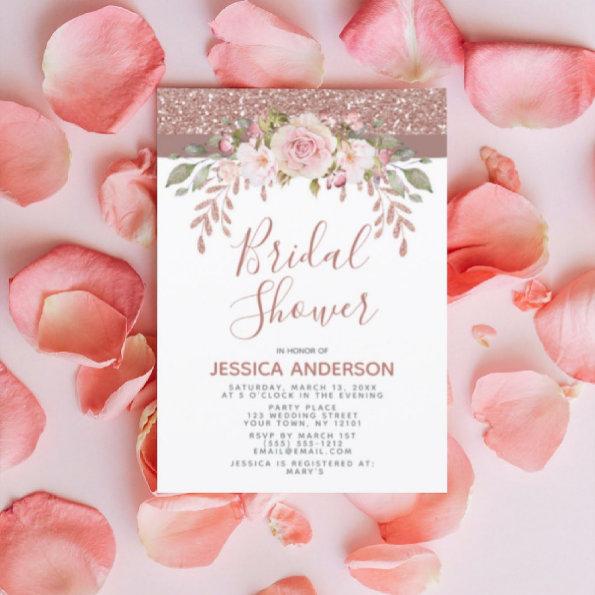 Rose Gold Glitter Floral Bridal Shower Invitations