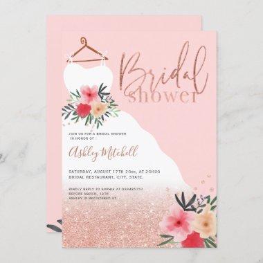 Rose Gold glitter floral dress bride bridal shower Invitations