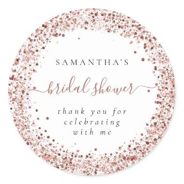 Rose Gold Glitter Frame Name Thanks Bridal Shower Classic Round Sticker