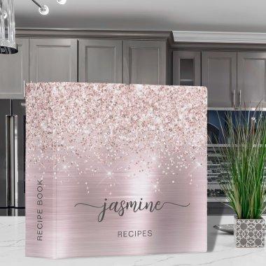 Rose Gold Glitter Girly Script Cookbook Recipe 3 Ring Binder