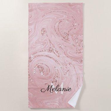 Rose Gold Glitter Girly Sparkle Pink Name Beach T Beach Towel