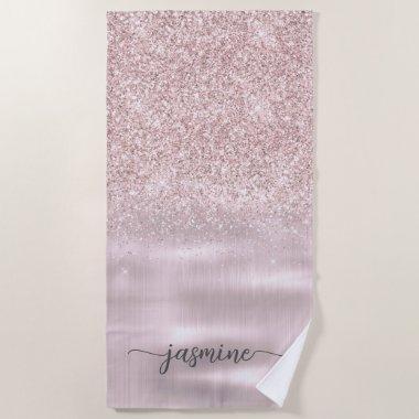 Rose Gold Glitter Glam Monogram Name Girly Script Beach Towel