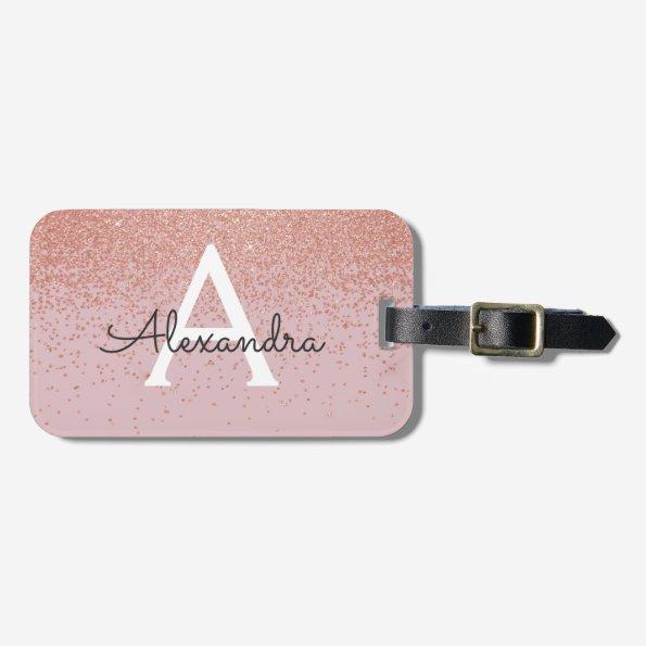 Rose Gold Glitter Monogram Name and Initial Luggage Tag