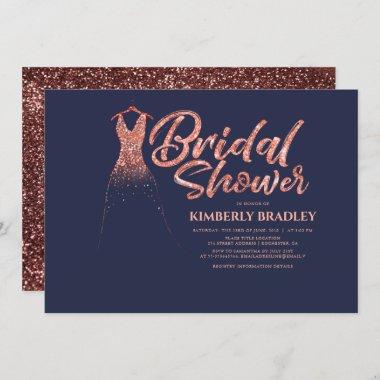 Rose Gold Glitter Navy Blue Bridal Shower Invitations